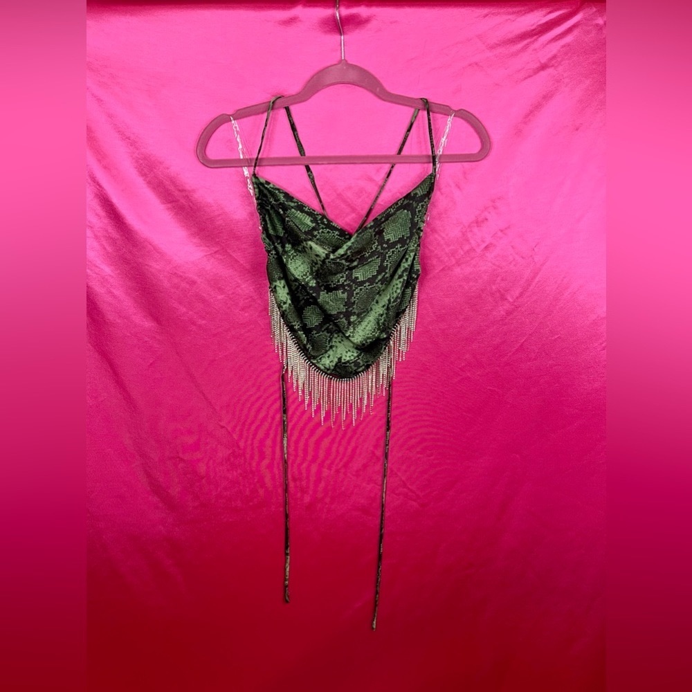 Green Reptile Print Rhinestone Cami Wrap Top